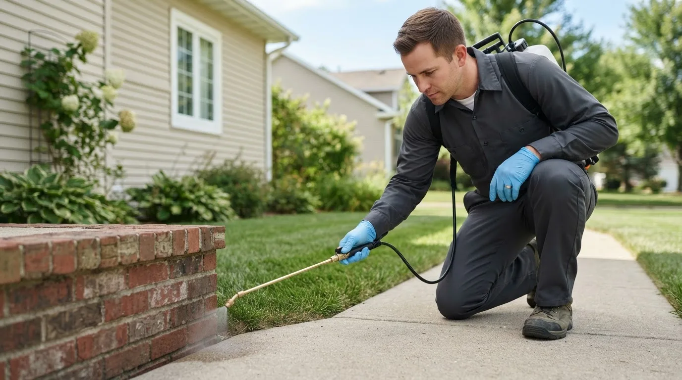 Pest control technician treating a home near Packwood, IA