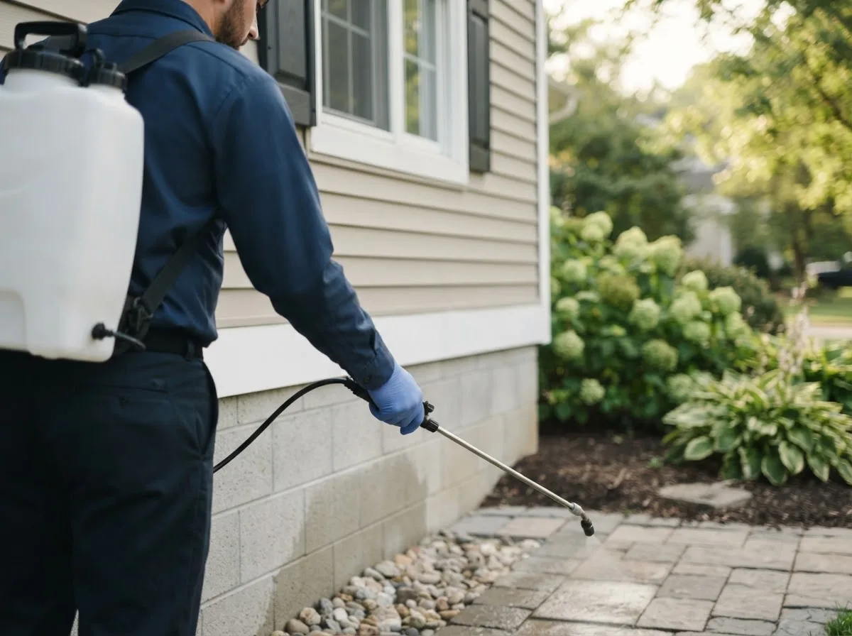 Pest control technician inspecting a home in Packwood, IA